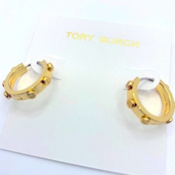 New Tory Burch Gold Logo Small Raised Huggie Hoop Earrings - Picture 2 of 6